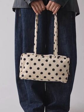 BAGGU Nylon Bowler Bag Off-White/cream with Black Polka Dot NWT w/penguin charm